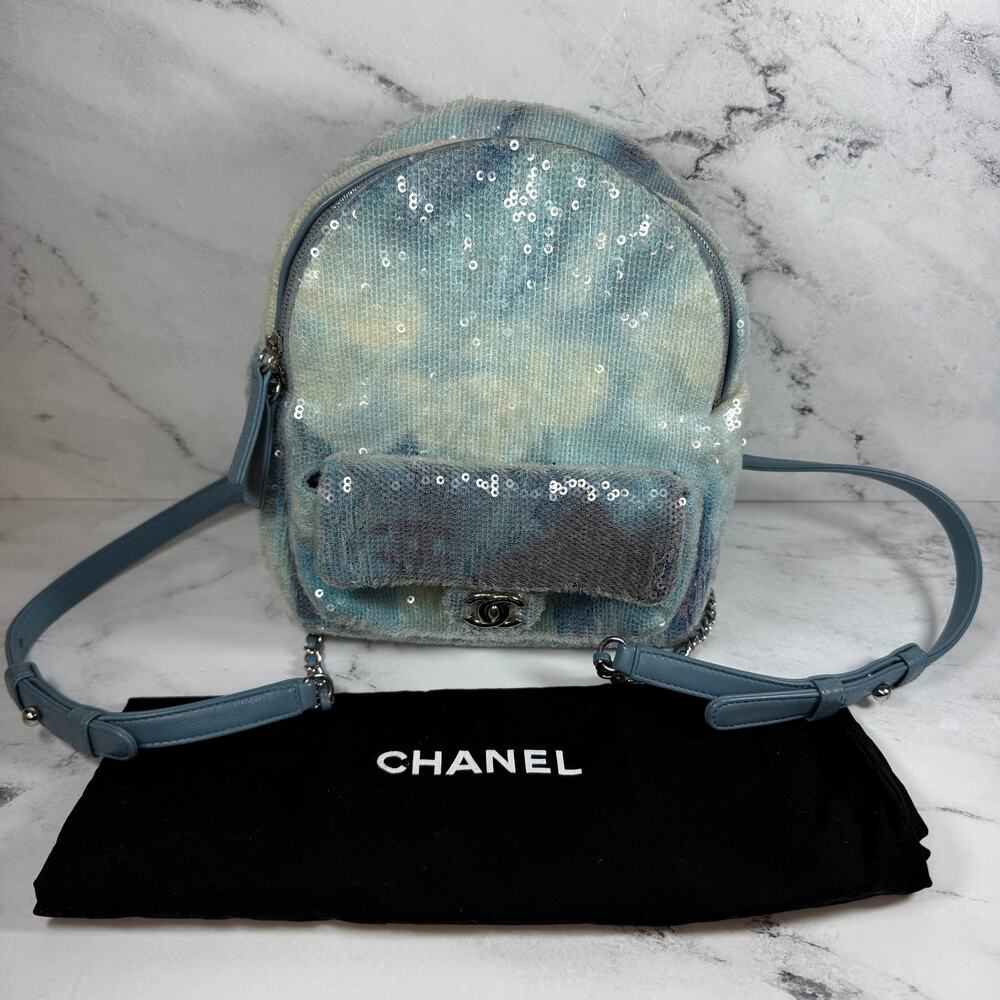 Chanel Sequin Mini Backpack Waterfall Blue Tri-color Bag Rare Light Limited Ed. - Picture 2 of 15